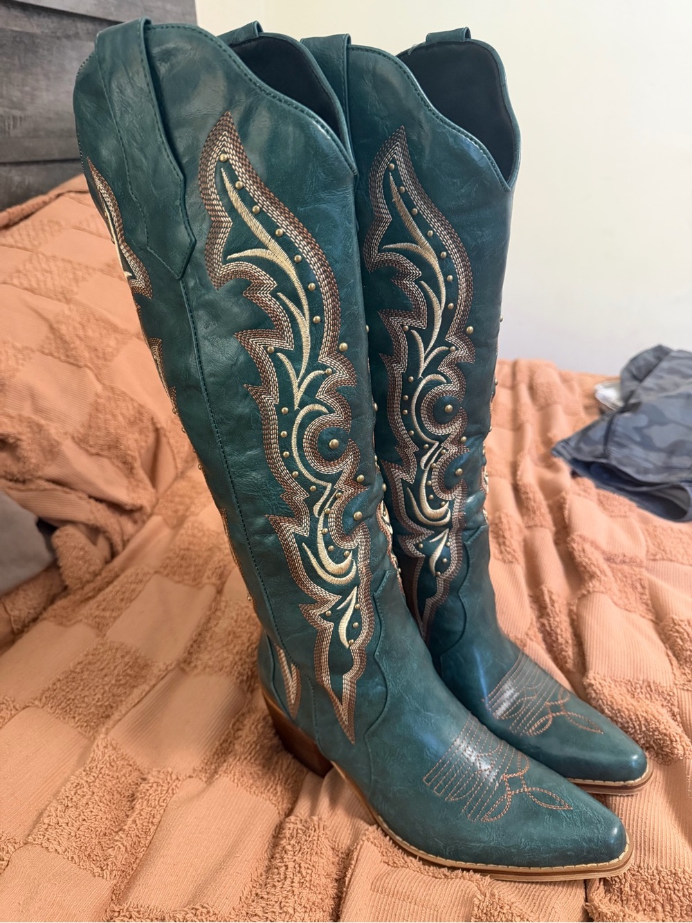 Women's Teal Embroidered Over-the-Knee Western Boots